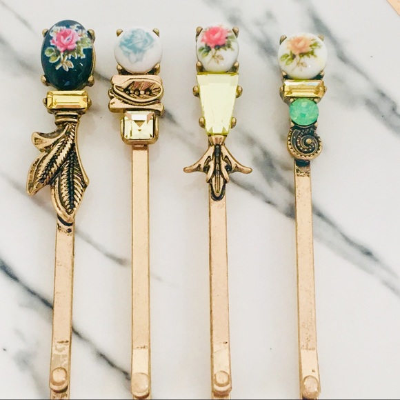 Retro Vintage Floral Crystal Hair Barrettes Set 4 - Picture 3 of 8